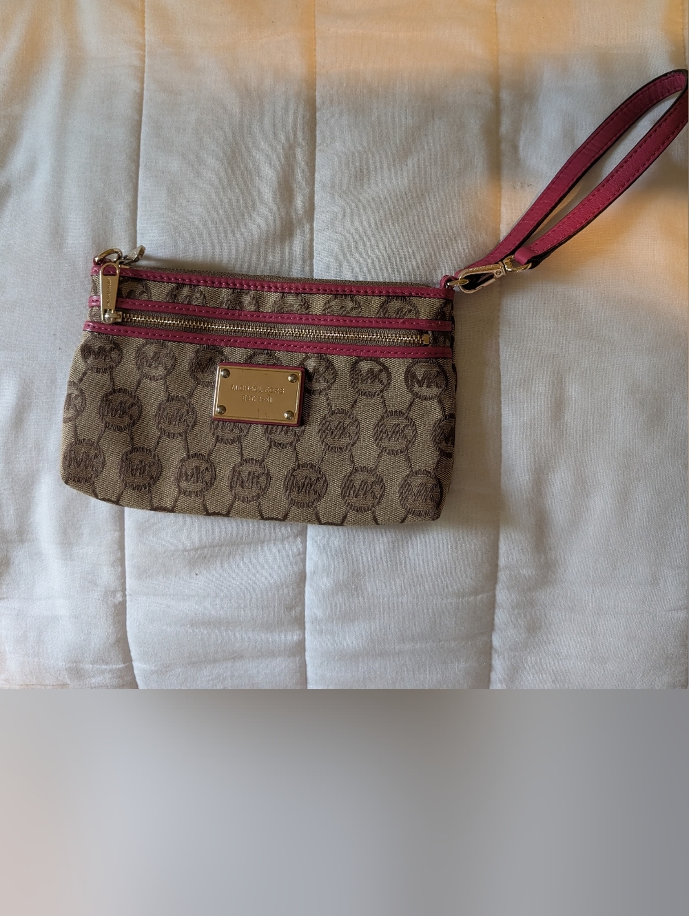 Michael Kors Tan Signature Canvas Wristlet with Pink Trim